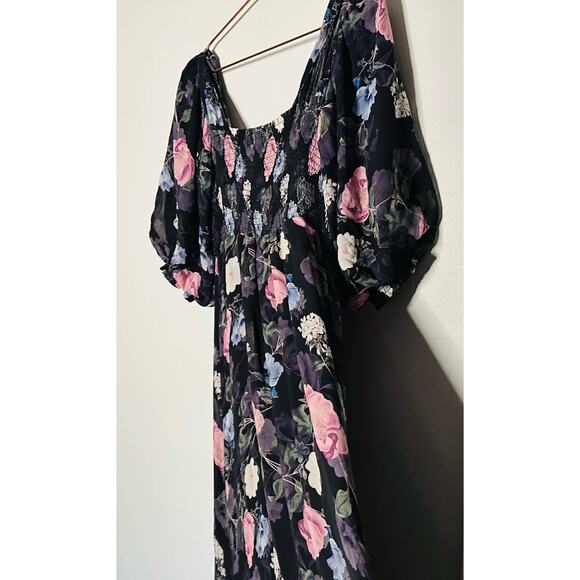 Nicholas Black Purple Floral 100% Silk Square Neckline A-Line Maxi Dress size 10 - Picture 12 of 14